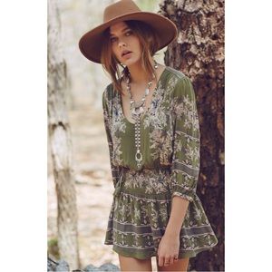 Free People Green Boho Ling Sleeve Mini Dress Womens Size L